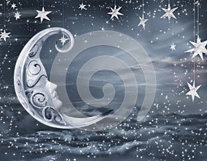 Empty surreal fairy tale art background, night sky with moon face and stars, copy space