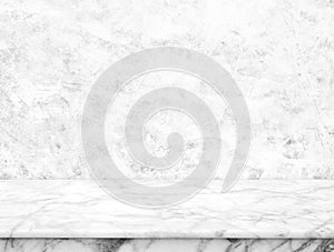 Empty sushi board on wood table with white cement texture background. Top view of plank wood for graphic stand product, interior