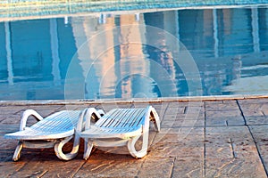 Empty swimming pool chairs in Egypt