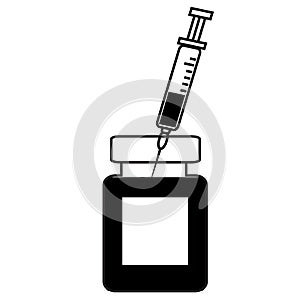 Empty syringe for injection, syringe with vaccine, vial of medicine.