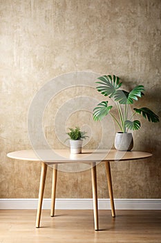 Empty table against beige textured wall background. Composition with glossy leaves on the wall
