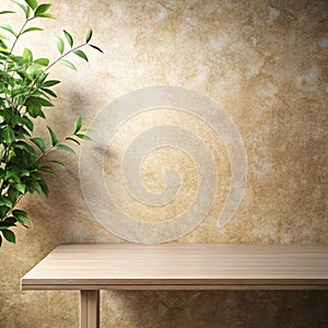 Empty table against beige textured wall background. Composition with glossy leaves on the wall