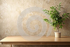 Empty table against beige textured wall background. Composition with glossy leaves on the wall