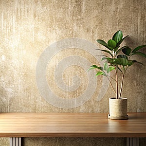 Empty Table with Beige Textured Wall and Glossy Leaves Composition