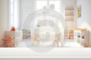 Empty table with blurred children toy shelf and window background