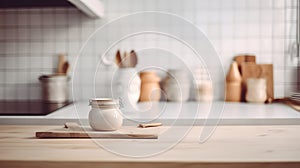 Empty table board and defocused white retro kitchen background