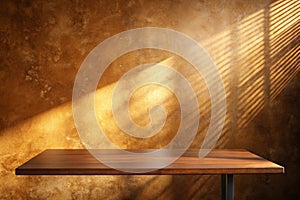 Empty Table on Bright Brown Wall Background, Panoramic Composition with Abstract Sunlight Reflection
