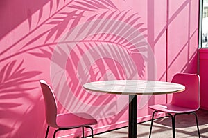 Empty table on bright pink wall