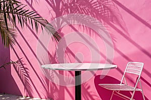 Empty table on bright pink wall