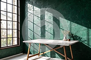 Empty table with dark green plaster wall photo