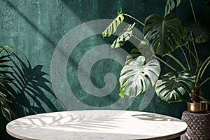 Empty table on dark green texture wall background