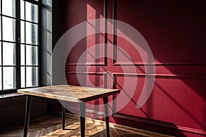Empty table with dark red wall and window light