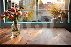 Empty table framed by blurred kitchen windowÅ¸??versatile space for imaginative designs photo