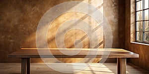 Empty Table on Bright Brown Wall Background, Panoramic Composition with Abstract Sunlight Reflection