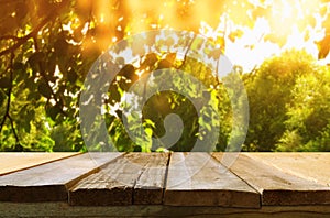 Empty table in front of dreamy countryside background