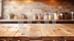 an empty table in front of a kitchen counter with bottles and spices