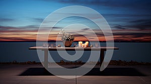 An empty table in front of a plane wall, captured at twilight for a serene product display