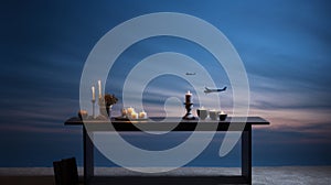 An empty table in front of a plane wall, captured at twilight for a serene product display