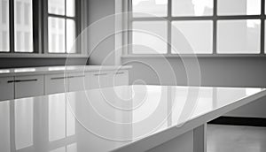 Empty table in modern kitchen interior with window and city view. Black and white