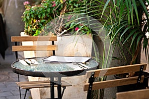 Empty table in a outdoor cafe with green plants