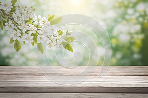 Empty table for product display with flower spring blur background