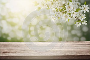 Empty table for product display with flower spring blur background