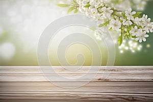 Empty table for product display with flower spring blur background