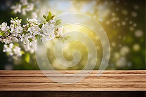 Empty table for product display with flower spring blur background