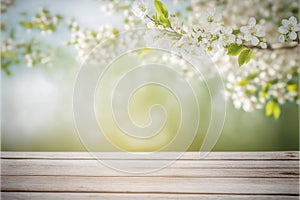 Empty table for product display with flower spring blur background