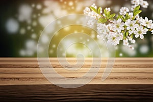 Empty table for product display with flower spring blur background