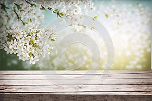 Empty table for product display with flower spring blur background