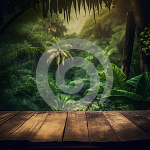 Empty table for product display montages with palm trees and jungle background