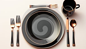 Empty table set with crockery, silverware, and elegant napkin generated by AI