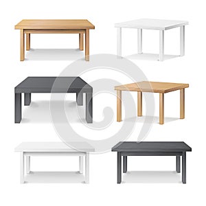 Empty Table Set Vector. Wooden, Plastic, White, Black. Isolated Furniture, Platform. Template For Object Presentation. Realistic V