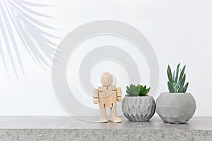 Empty table with small plant and wooden dummy over white background