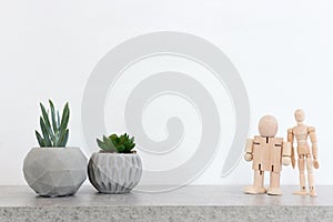 Empty table with small plant and wooden dummy over white background