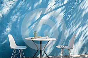 Empty table with smooth blue wall background