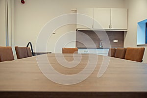 An empty table in a sports hall