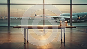 An empty table stands out, its meticulous craftsmanship illuminated, against the dreamy haze of a blurred airport interior