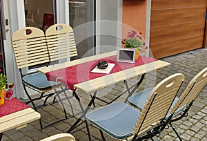 empty table on the streets of Bernkastel-Kues in Germany