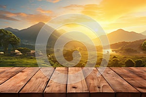 empty table with tea plantation and mountains on sunrise as background