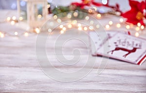 Empty table top with blur christmas lights background