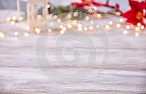 Empty table top with blur christmas lights background