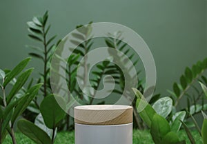 Empty table top wood counter podium on grass tropic forest jungle plant blurred dark green background.natural product present