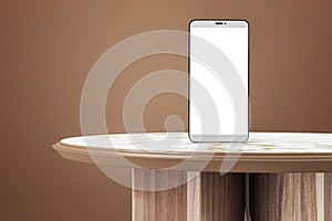 Empty table with white mock up smartphone on brown background. 3D Rendering