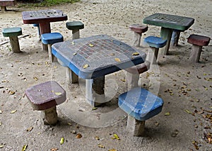 Empty tables and benches in public park. `Bosque da Freguesia`, Freguesia Forest Public Park, Rio