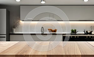 Empty tabletop over defocused kitchen with copy space