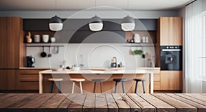 Empty tabletop over defocused kitchen with copy space
