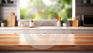 Empty tabletop over defocused window kitchen with copy space. Generative AI