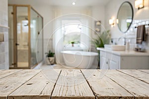 Empty tabletop for product display with blurred bathroom background